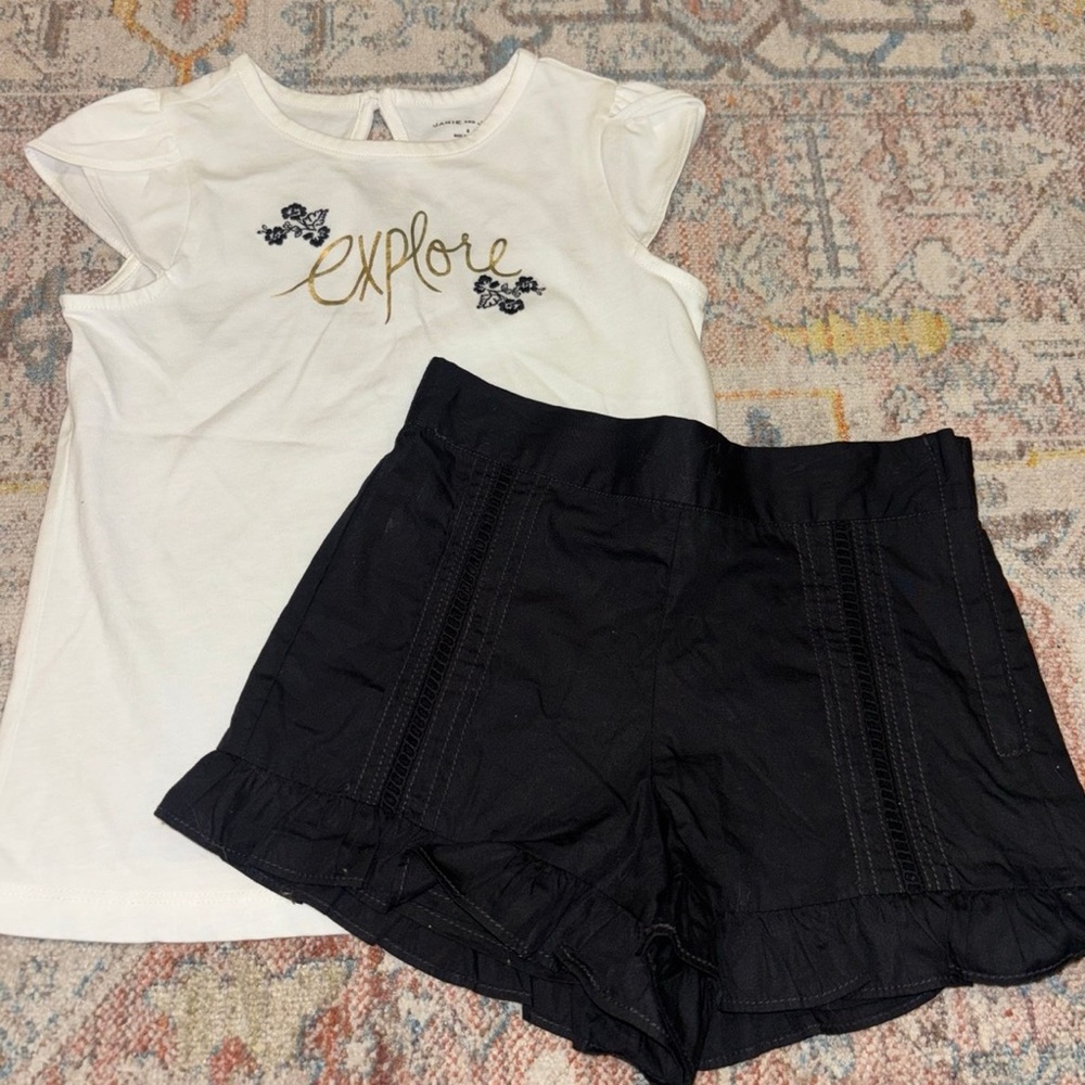 Janie and Jack White Tee with Gold Accents and Black Shorts Set